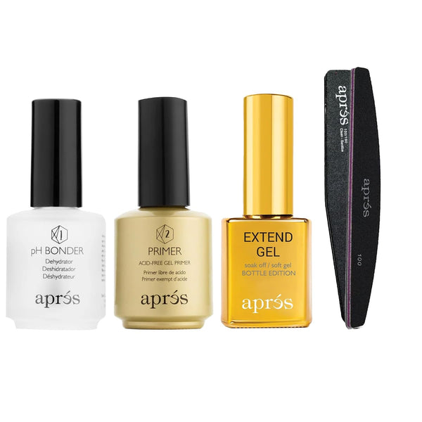 APRÉS Apres Gel-X Essentials - Extend Gel, pH Bonder, Acid-Free Gel Primer, Curved Nail File 100/180 Grit