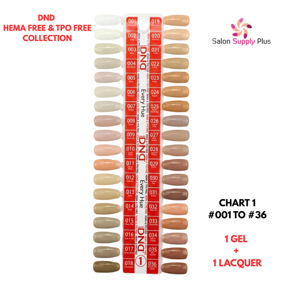 DND HEMA FREE & TPO FREE - GEL & LACQUER SET - CHART #1 (001 TO 036) EVERY HUE