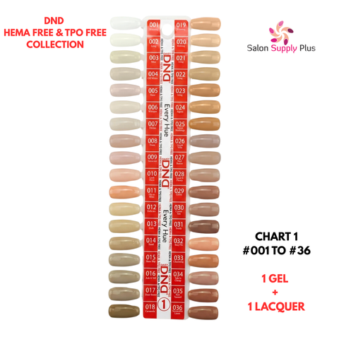 DND HEMA FREE & TPO FREE - GEL & LACQUER SET - CHART #1 (001 TO 036) EVERY HUE