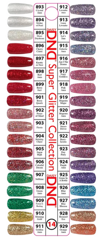 0014- DND DUO GEL DUO SET  - SUPER GLITTER COLLECTION #893 TO 929 - COLOR CHART #14 (36 COLORS)