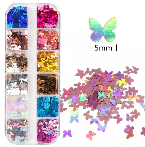 NAIL ART HOLOGRAM BUTTERFLY SEQUINS - SET OF 12 COLORS